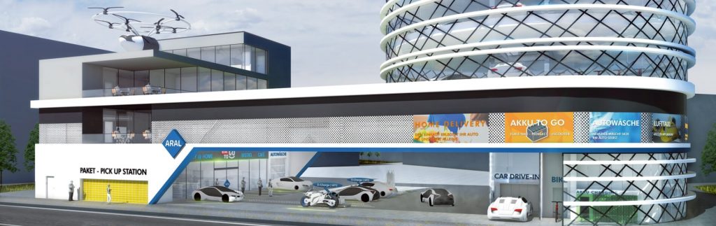 Die Tankstelle der Zukunft verfügt über einen Lufttaxi-Landeplatz und bietet jede Menge Infrastruktur für Service rund um Mobilität und Warenverkehr. © Aral AG