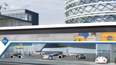 Die Tankstelle der Zukunft verfügt über einen Lufttaxi-Landeplatz und bietet jede Menge Infrastruktur für Service rund um Mobilität und Warenverkehr. © Aral AG