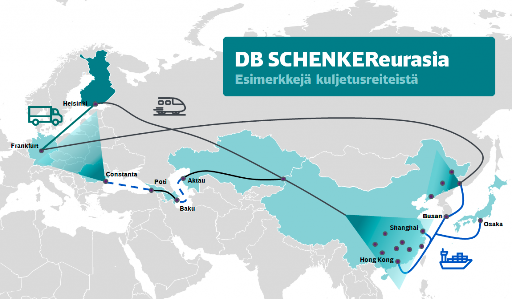 Kartta DB Schenkerin tarjoaman Eurasia-junatuotteen esimerkkireiteistä