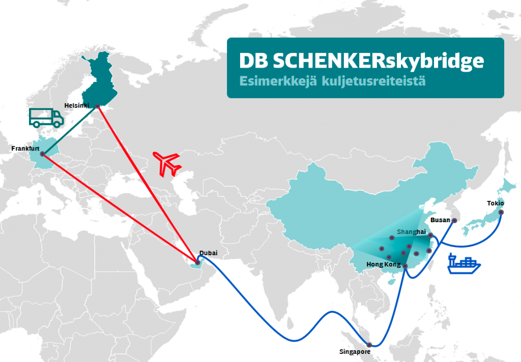 Kartta DB Schenkerin tarjoaman Skybridge-tuotteen esimerkkireiteistä