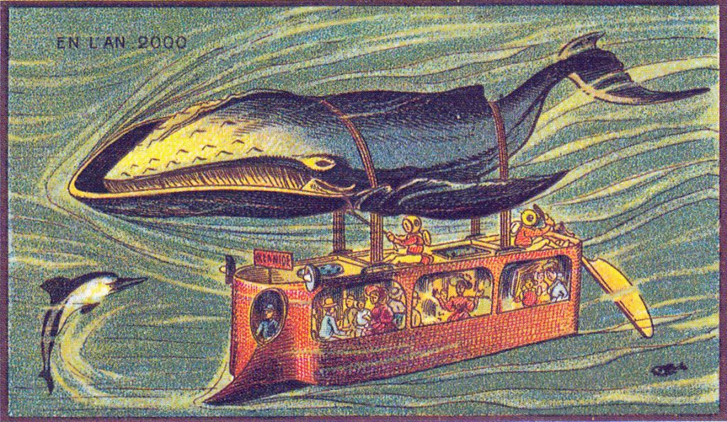 En tecknad bild av en undervattensbuss som drivs fram av en selad val.