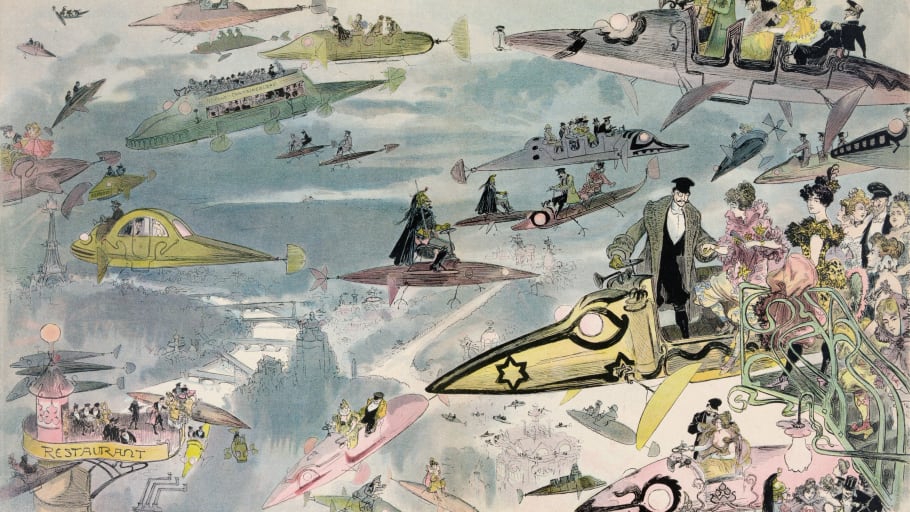 En teckna bild föreställande en utopisk värld med flygande bilar och båtar i form av sci-fi djur. 